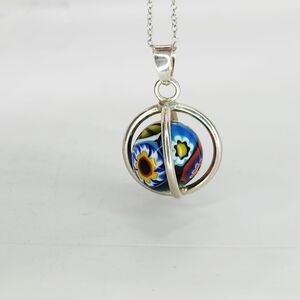 Sterling Silver Italian Glass Millefiori Sphere In Cage Pendant W Chain Necklace